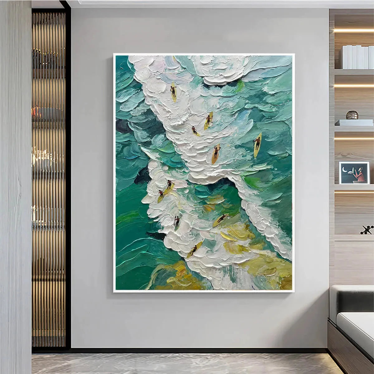 CATCHING THE WAVE: Textured Surfers Ocean Scene Oil Painting | Abstract closeup, raised brushwork detail