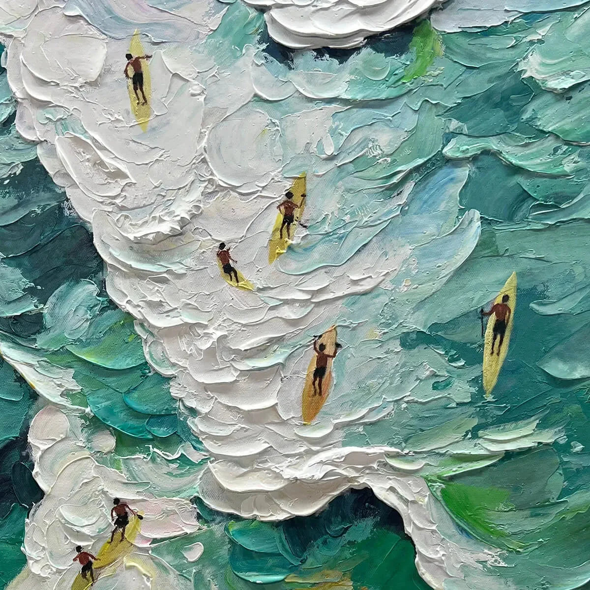 CATCHING THE WAVE: Textured Surfers Ocean Scene Oil Painting | rectangular format, hand-painted canvas edge
