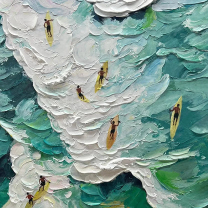 CATCHING THE WAVE: Textured Surfers Ocean Scene Oil Painting | rectangular format, hand-painted canvas edge