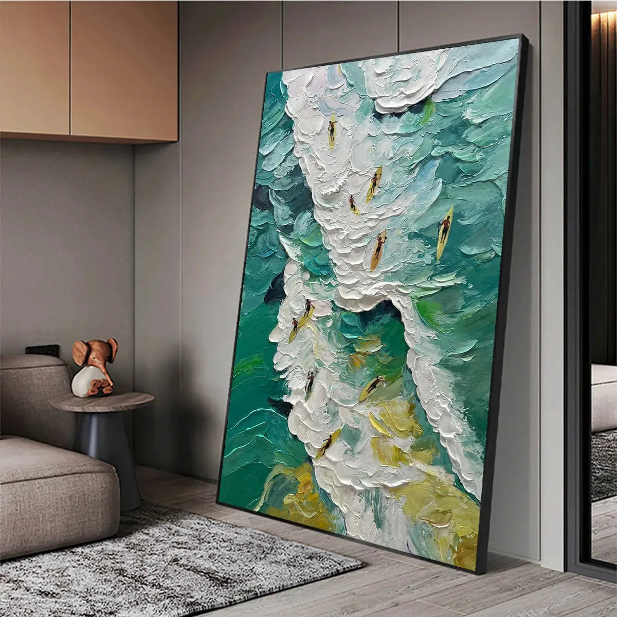 CATCHING THE WAVE: Textured Surfers Ocean Scene Oil Painting | gold frame stretched on neutral wall