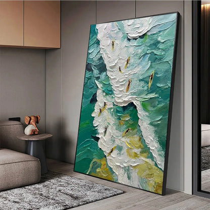 CATCHING THE WAVE: Textured Surfers Ocean Scene Oil Painting | gold frame stretched on neutral wall