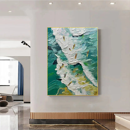 CATCHING THE WAVE: Textured Surfers Ocean Scene Oil Painting | black frame version on white wall