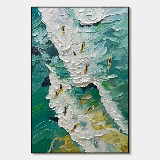 CATCHING THE WAVE: Textured Surfers Ocean Scene Oil Painting | hanging in Textured surfers ocean scene oil painting in blue, white, and teal tones; rich palette-knife work captures dynamic, energet...