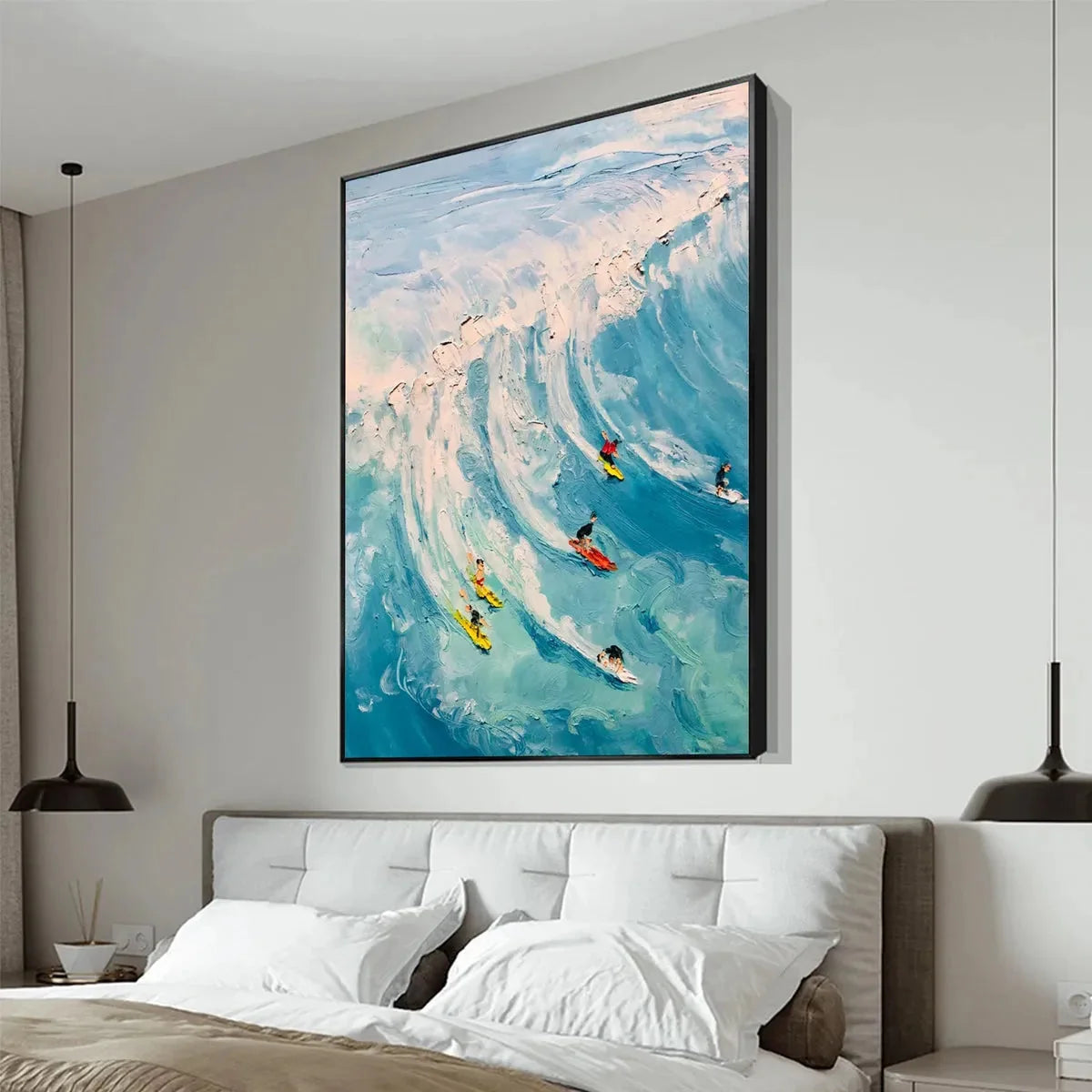 CATCHING THE WAVE: Vertical Ocean Painting of Surfers Riding a Wave | Abstract closeup, raised brushwork detail