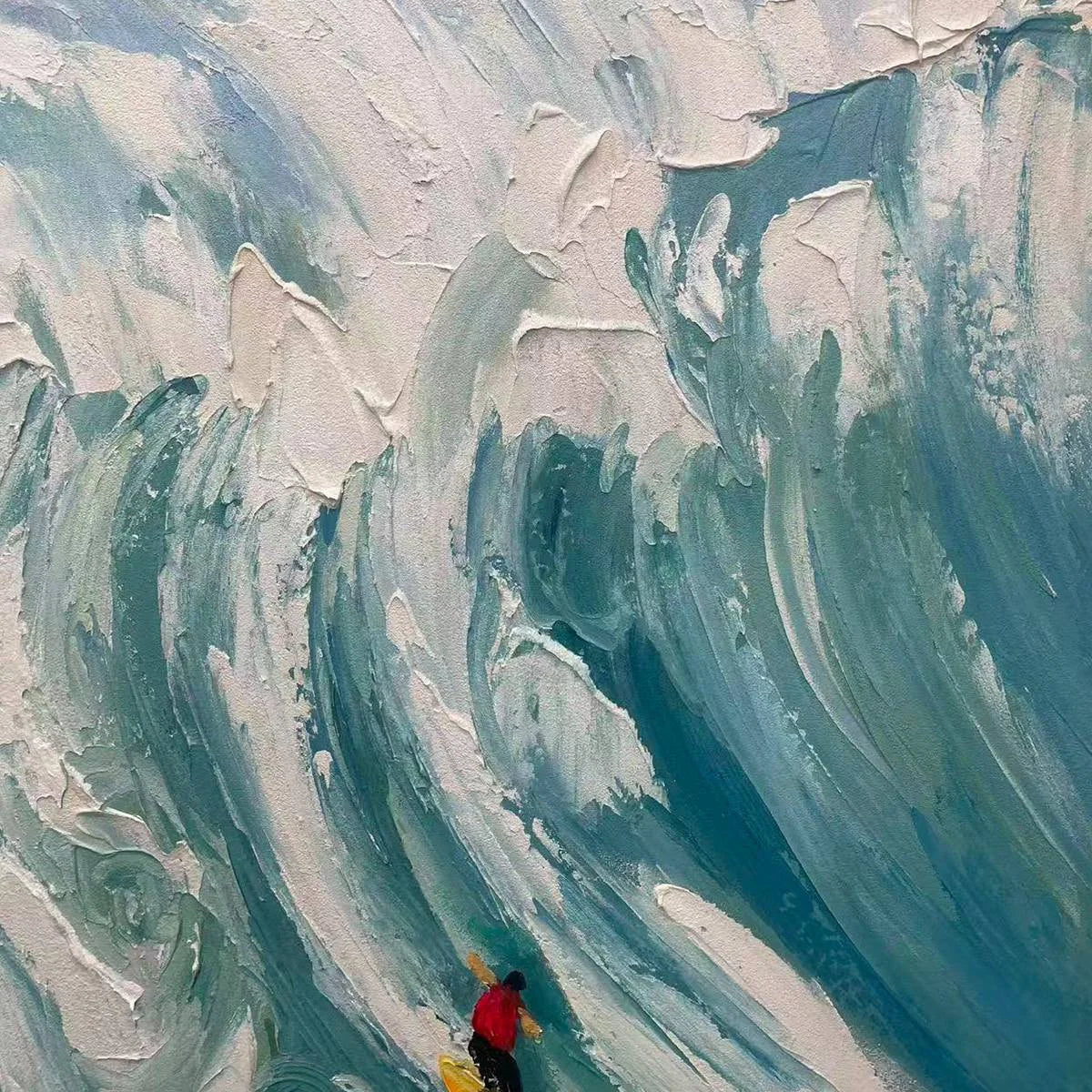 CATCHING THE WAVE: Vertical Ocean Painting of Surfers Riding a Wave | rectangular format, hand-painted canvas edge