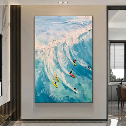 CATCHING THE WAVE: Vertical Ocean Painting of Surfers Riding a Wave | gold frame stretched on neutral wall