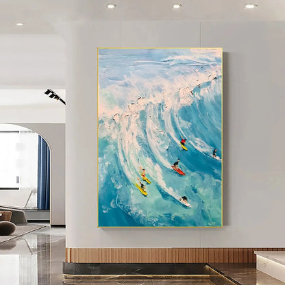 CATCHING THE WAVE: Vertical Ocean Painting of Surfers Riding a Wave | rolled canvas, ready for custom framing