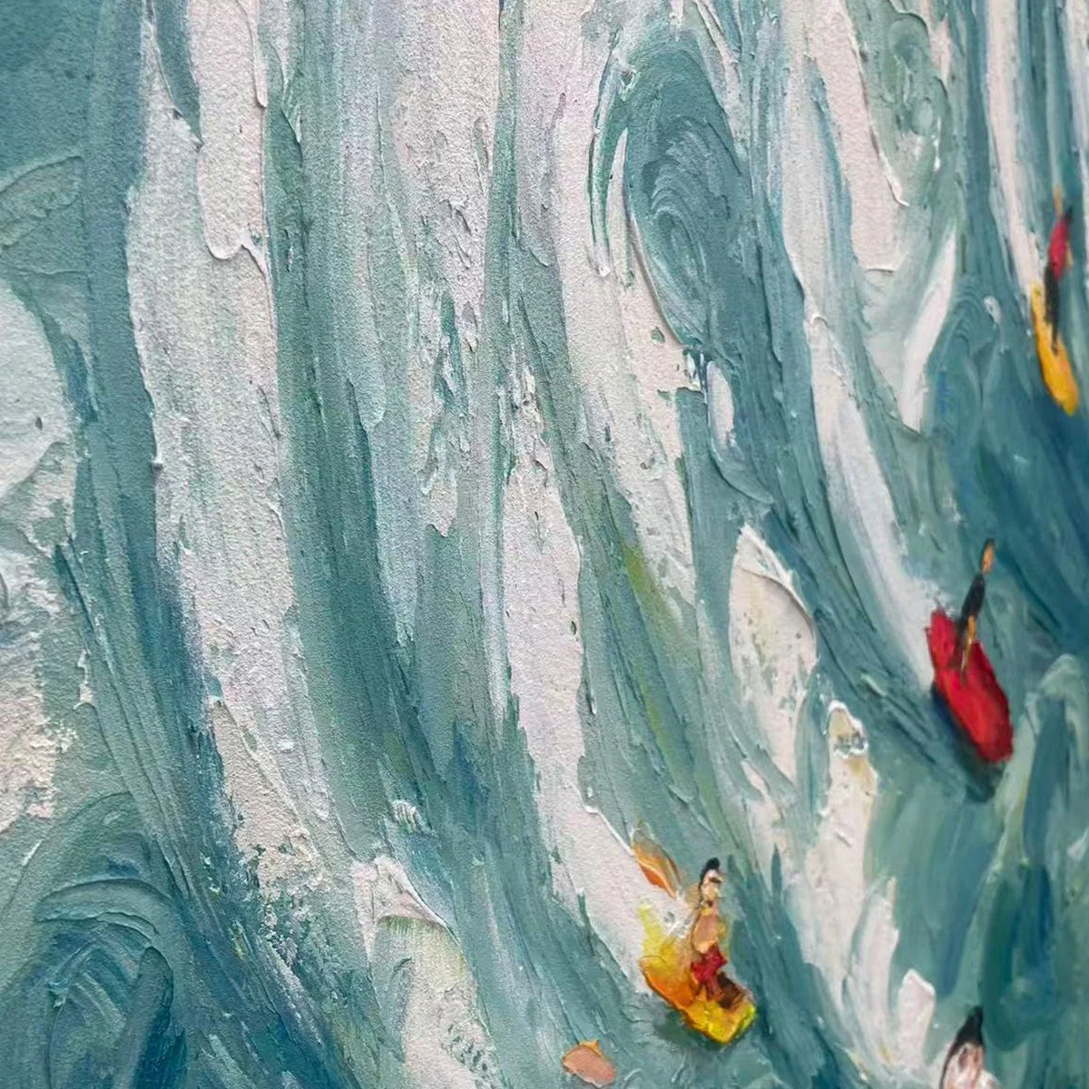 CATCHING THE WAVE: Vertical Ocean Painting of Surfers Riding a Wave | black frame version on white wall