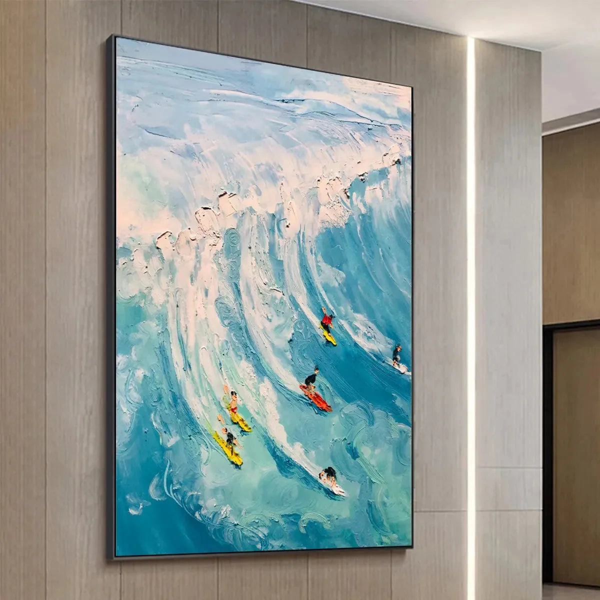 CATCHING THE WAVE: Vertical Ocean Painting of Surfers Riding a Wave | Abstract mood, soft natural light studio shot