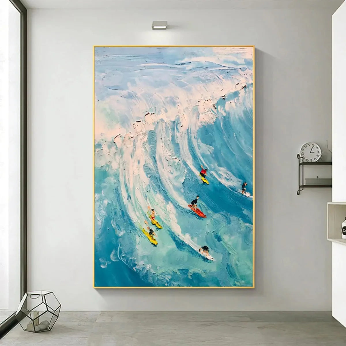 CATCHING THE WAVE: Vertical Ocean Painting of Surfers Riding a Wave | blue palette, original Hand-painted on tall vertical stretched canvas with artist-grade oils; rich layered surface creates a vi...