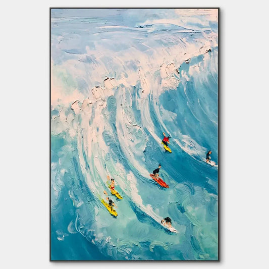 CATCHING THE WAVE: Vertical Ocean Painting of Surfers Riding a Wave | hanging in Vertical ocean painting of surfers riding a wave; rich palette-knife work in blue, white, and teal tones captures dy...