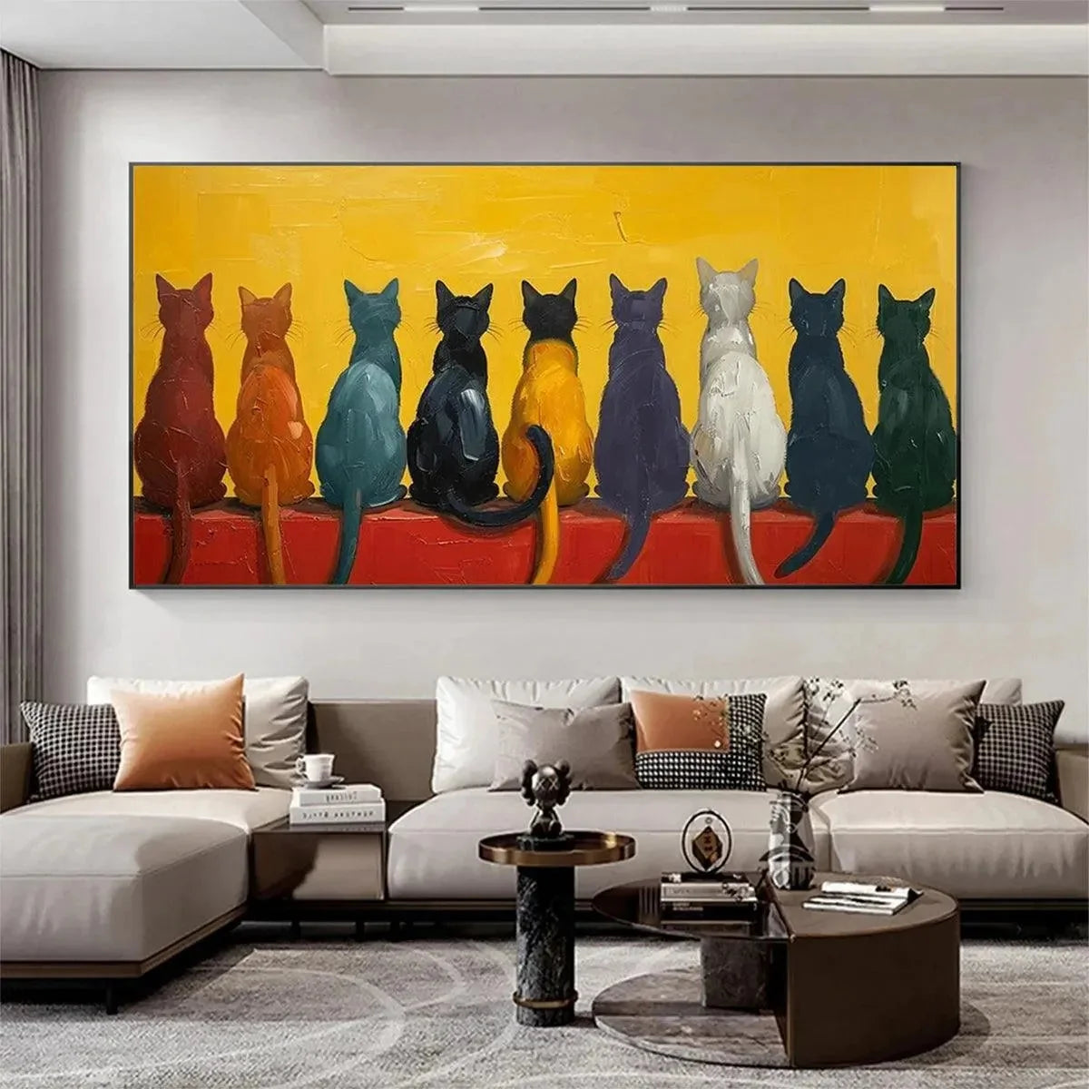 CATS IN A ROW: Whimsical Cat Painting, Textured Wall Art | whimsical closeup, raised brushwork detail