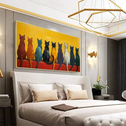 CATS IN A ROW: Whimsical Cat Painting, Textured Wall Art | gold frame stretched on neutral wall
