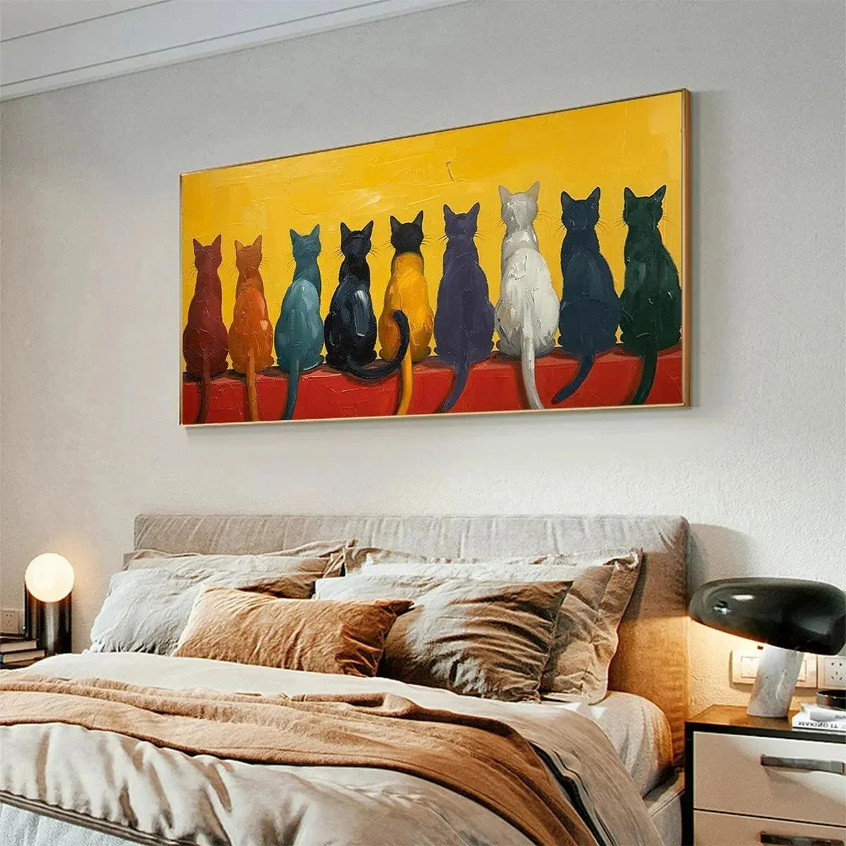 CATS IN A ROW: Whimsical Cat Painting, Textured Wall Art | rolled canvas, ready for custom framing