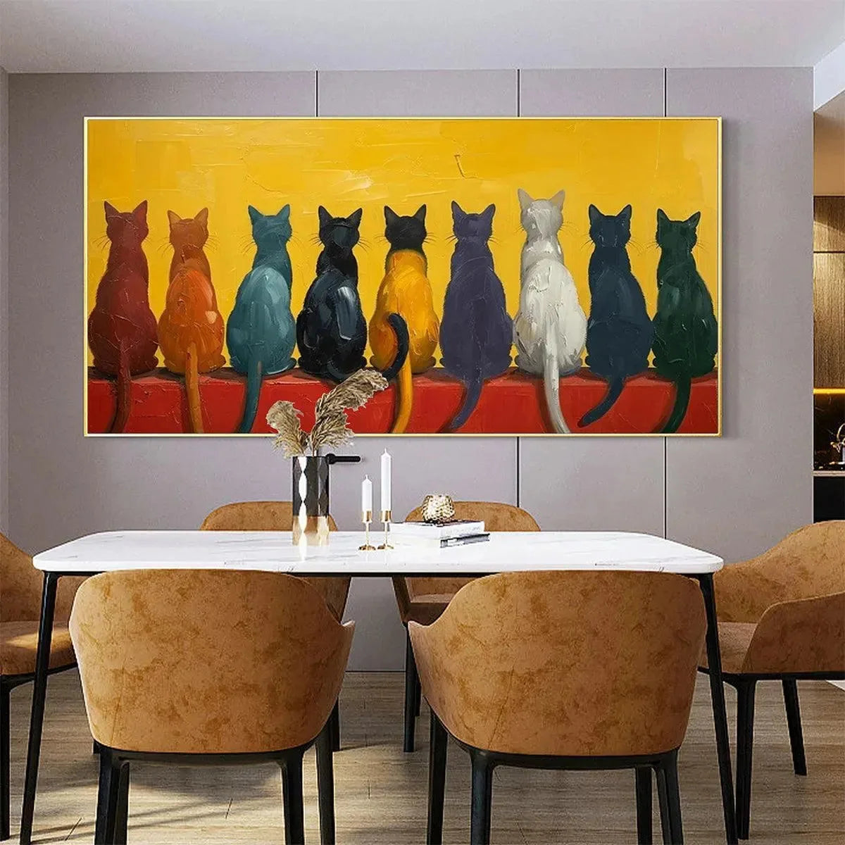 CATS IN A ROW: Whimsical Cat Painting, Textured Wall Art | whimsical mood, soft natural light studio shot