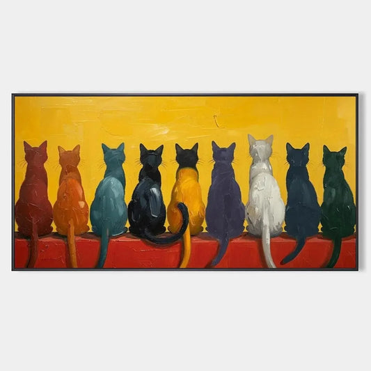 CATS IN A ROW: Whimsical Cat Painting, Textured Wall Art | hanging in living room, whimsical wall art
