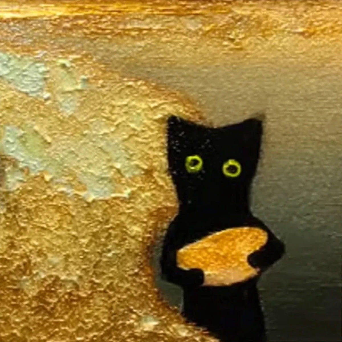 A CAT'S TREASURE: Textured Impasto Painting of a Whimsical Black Cat | rectangular format, hand-painted canvas edge