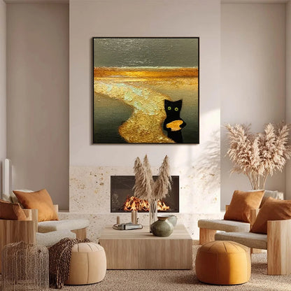 A CAT'S TREASURE: Textured Impasto Painting of a Whimsical Black Cat | gold frame stretched on neutral wall