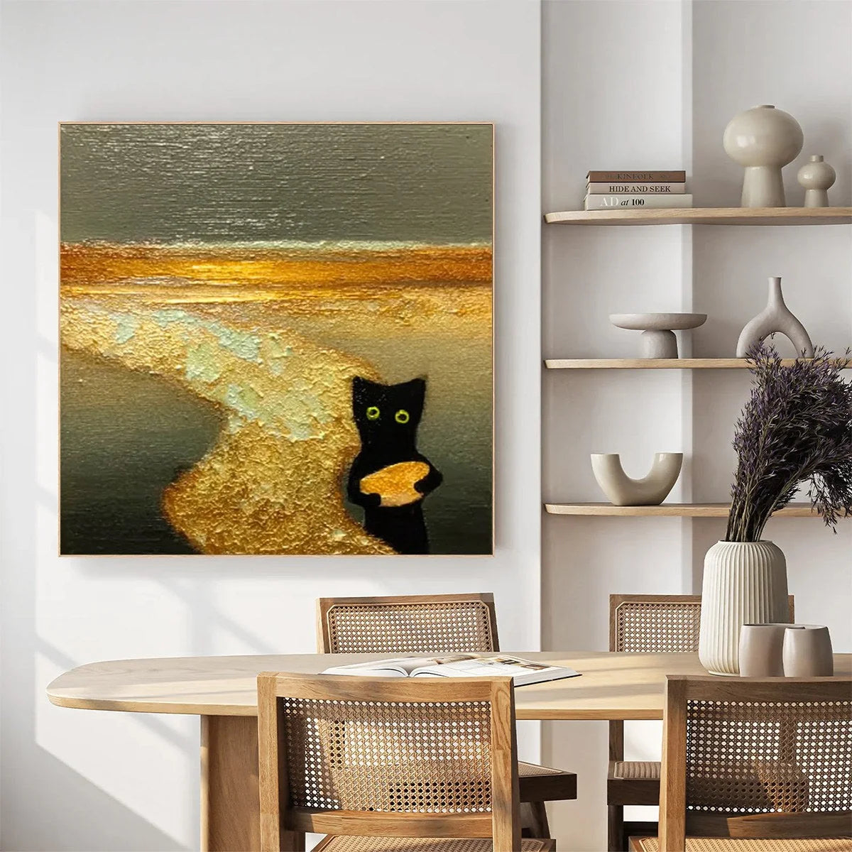 A CAT'S TREASURE: Textured Impasto Painting of a Whimsical Black Cat | black frame version on white wall