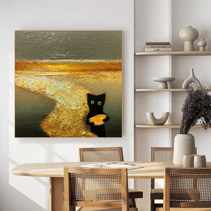 A CAT'S TREASURE: Textured Impasto Painting of a Whimsical Black Cat | black frame version on white wall
