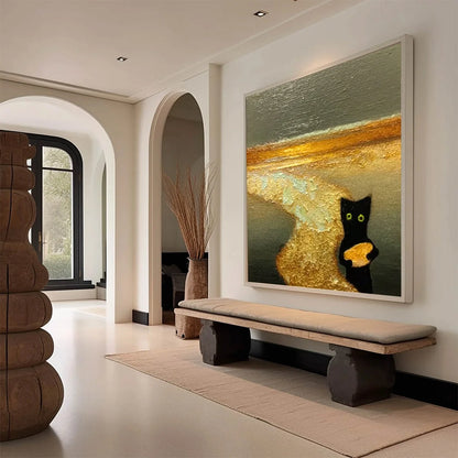 A CAT'S TREASURE: Textured Impasto Painting of a Whimsical Black Cat | impasto mood, soft natural light studio shot