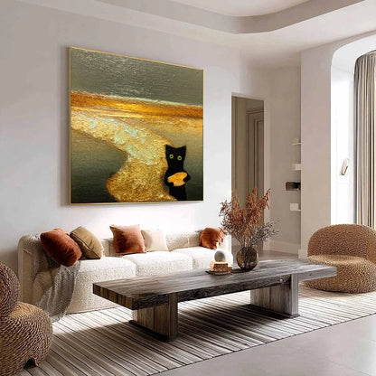 A CAT'S TREASURE: Textured Impasto Painting of a Whimsical Black Cat | black palette, original bedroom art