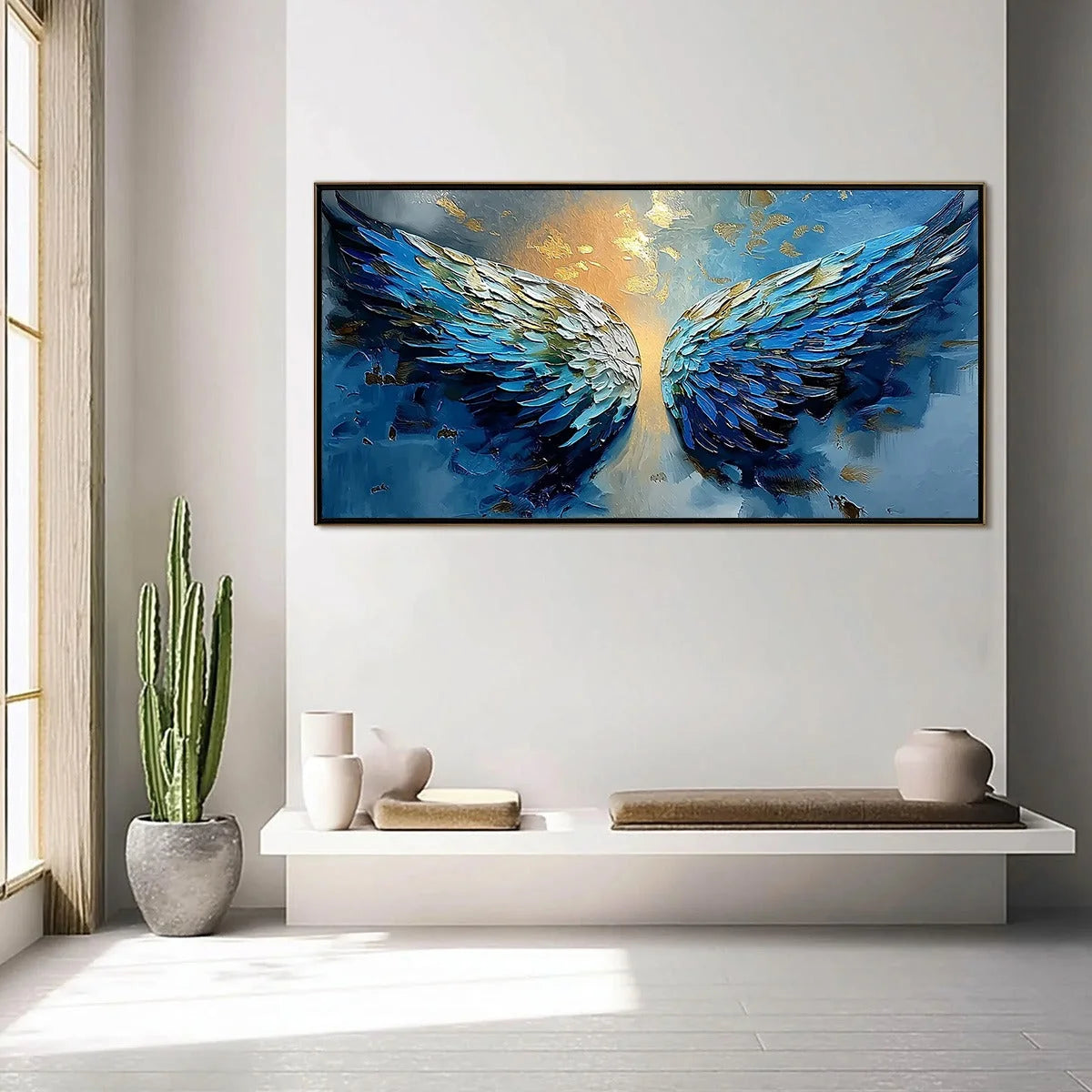 CELESTIAL ASCENSION: Textured Abstract Angel Wings | gold frame stretched on neutral wall
