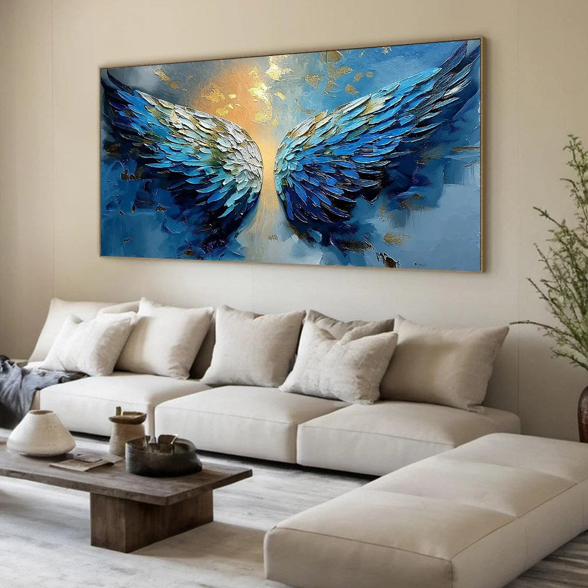 CELESTIAL ASCENSION: Textured Abstract Angel Wings | blue palette, original living room art