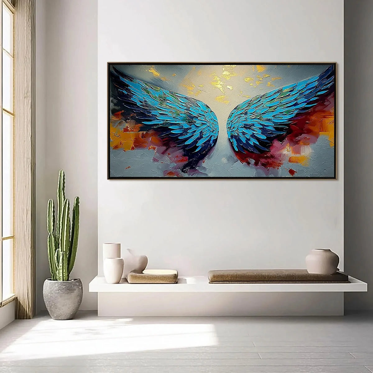 CELESTIAL ASCENT: Abstract Angel Wings Impasto Oil | gold frame stretched on neutral wall