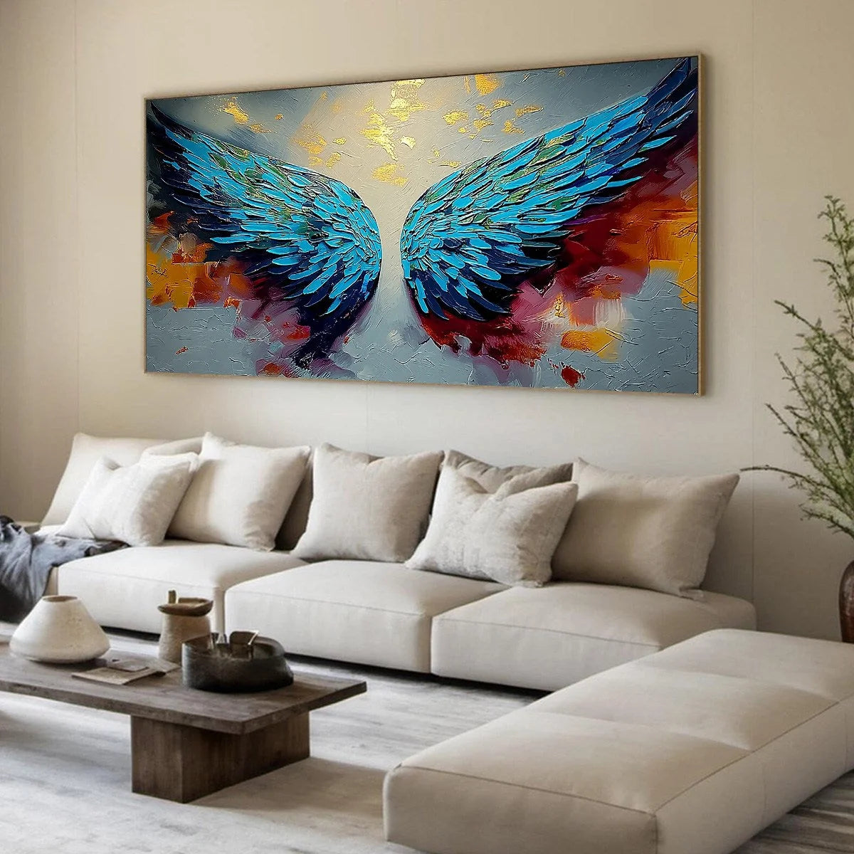 CELESTIAL ASCENT: Abstract Angel Wings Impasto Oil | blue palette, original living room art