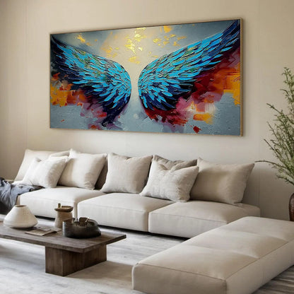 CELESTIAL ASCENT: Abstract Angel Wings Impasto Oil | blue palette, original living room art