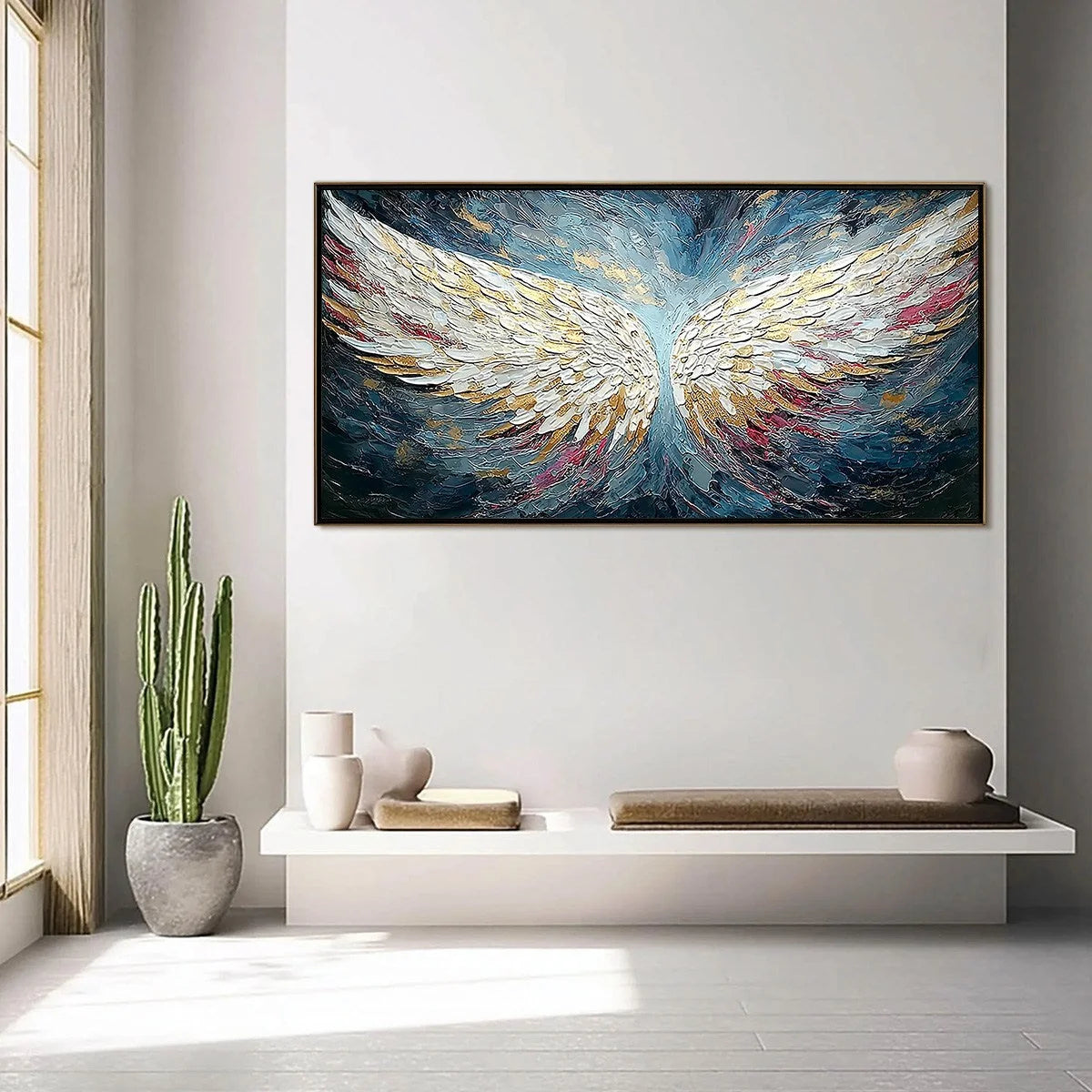 CELESTIAL ASCENT: Heavily Textured Abstract Angel Wings | gold frame stretched on neutral wall