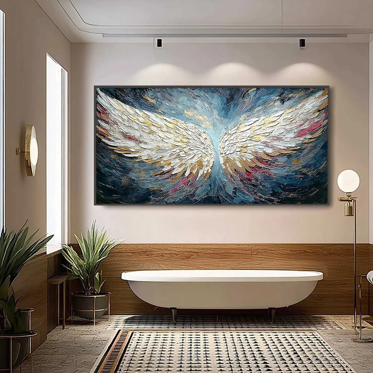 CELESTIAL ASCENT: Heavily Textured Abstract Angel Wings | black frame version on white wall