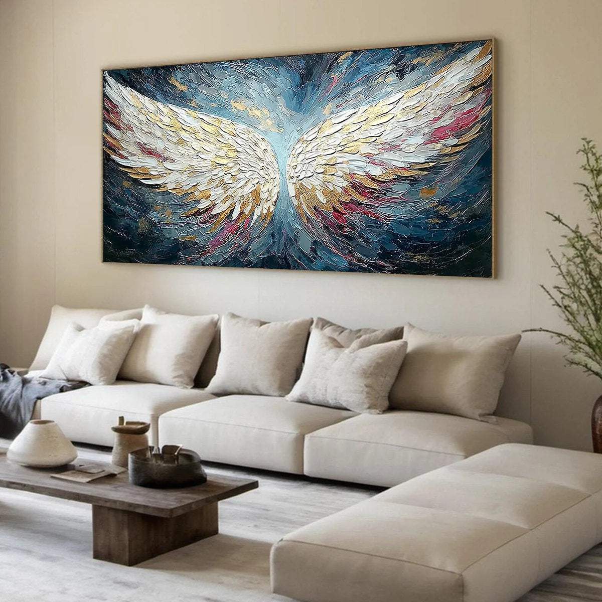 CELESTIAL ASCENT: Heavily Textured Abstract Angel Wings | blue palette, original living room art