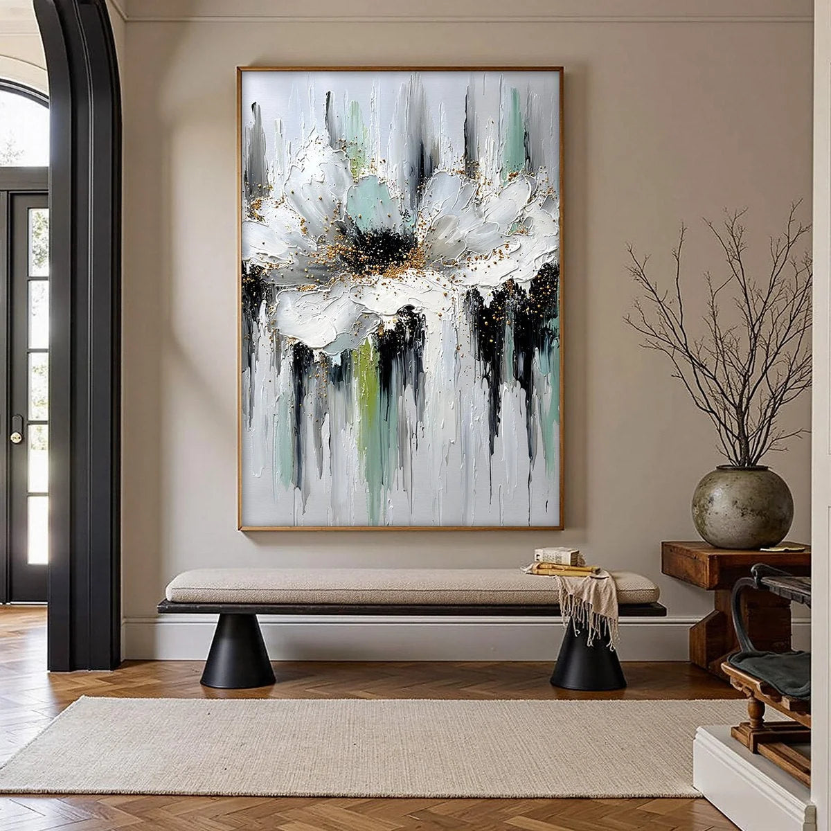 CELESTIAL BLOOM: Heavily Textured Abstract Floral | gold frame stretched on neutral wall