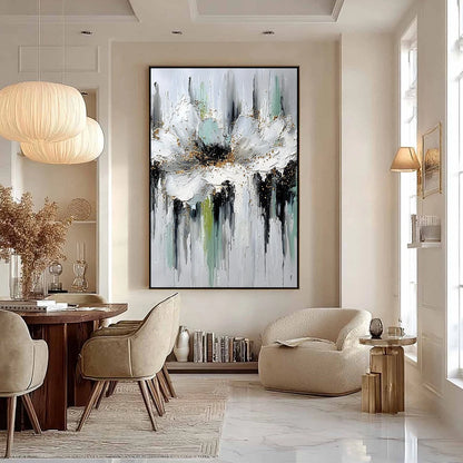 CELESTIAL BLOOM: Heavily Textured Abstract Floral | black frame version on white wall