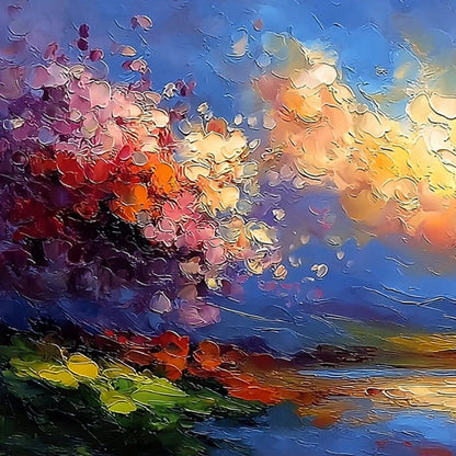 CELESTIAL BLOOM: Textured Abstract Floral Landscape Oil Painting | rectangular format, hand-painted canvas edge