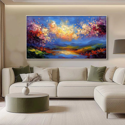 CELESTIAL BLOOM: Textured Abstract Floral Landscape Oil Painting | gold frame stretched on neutral wall