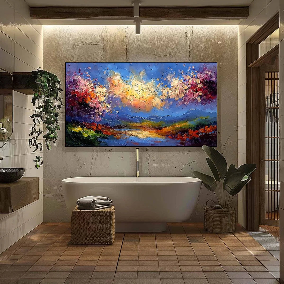 CELESTIAL BLOOM: Textured Abstract Floral Landscape Oil Painting | black frame version on white wall