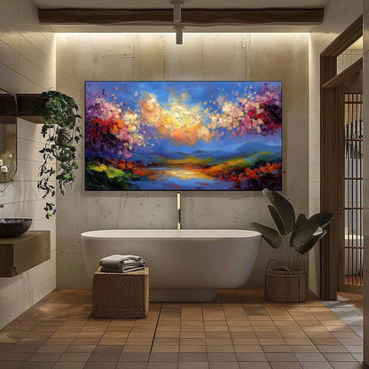 CELESTIAL BLOOM: Textured Abstract Floral Landscape Oil Painting | black frame version on white wall