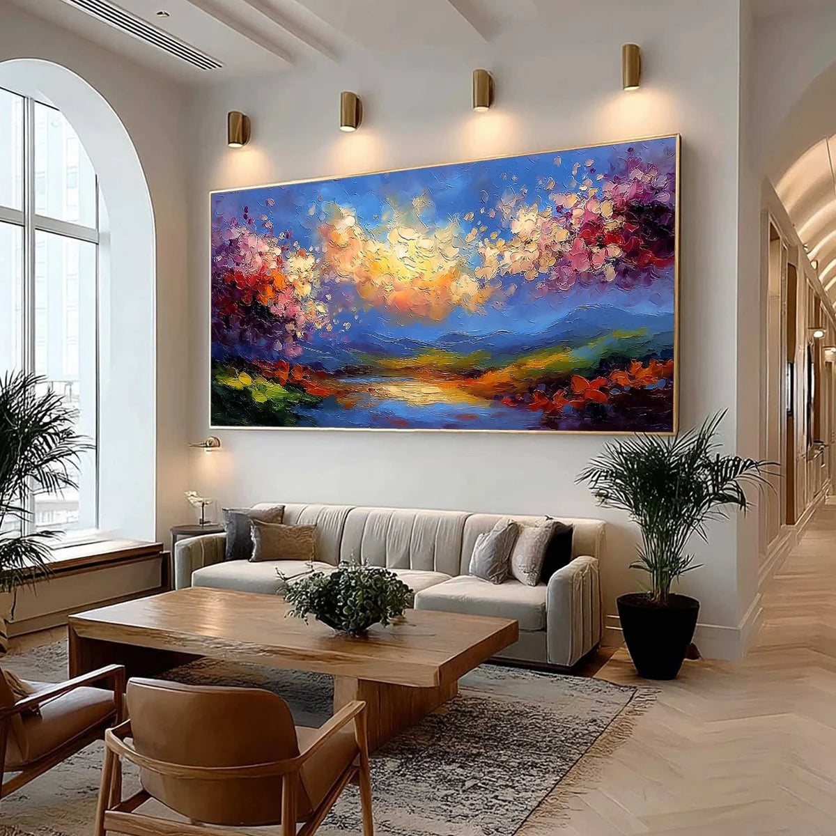 CELESTIAL BLOOM: Textured Abstract Floral Landscape Oil Painting | Abstract mood, soft natural light studio shot