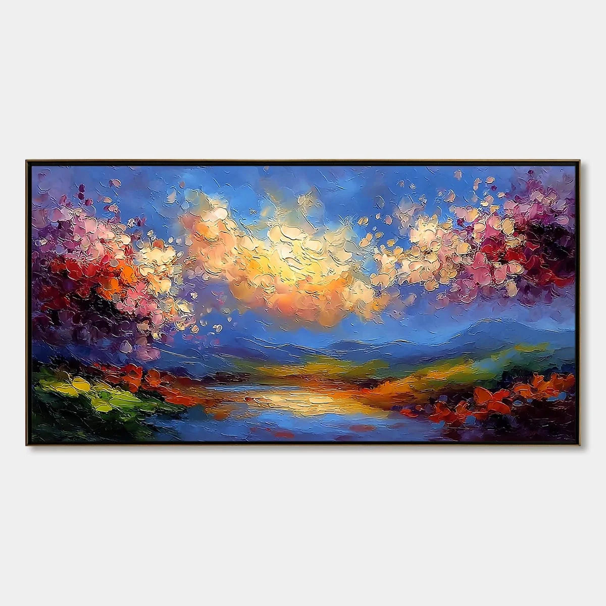 CELESTIAL BLOOM: Textured Abstract Floral Landscape Oil Painting | hanging in Textured abstract floral landscape oil painting in celestial soft blue, pink, and white tones; refined palette-knife wo...