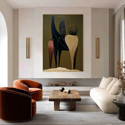 CELESTIAL CARAVAN: Abstract Figurative Painting with Earthy Tones | gold frame stretched on neutral wall