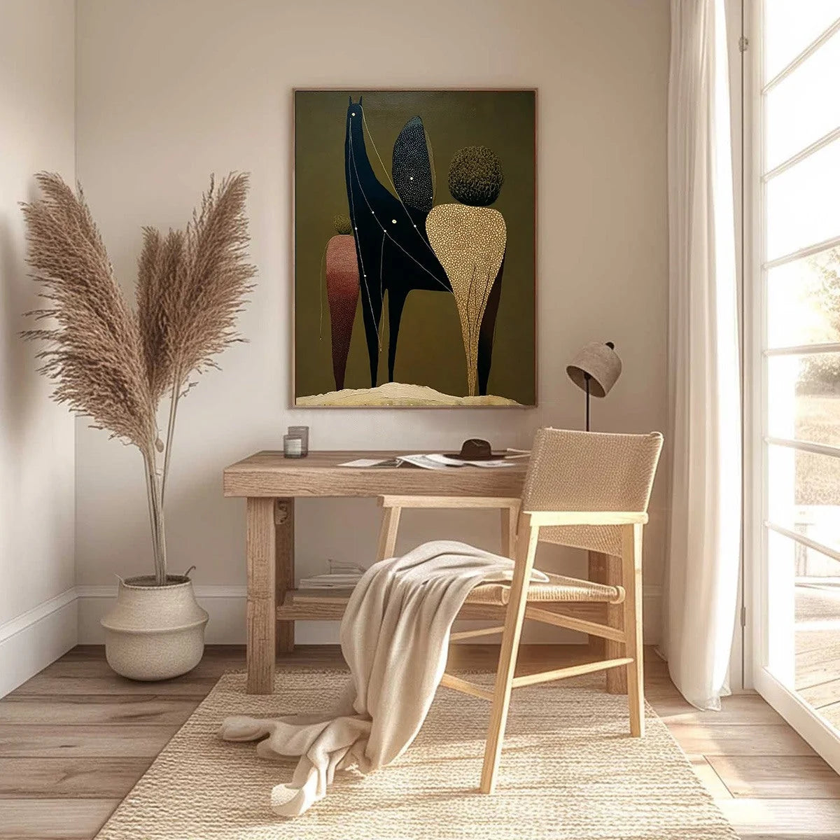 CELESTIAL CARAVAN: Abstract Figurative Painting with Earthy Tones | black frame version on white wall