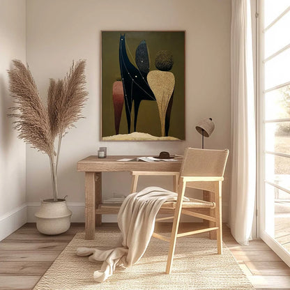 CELESTIAL CARAVAN: Abstract Figurative Painting with Earthy Tones | black frame version on white wall