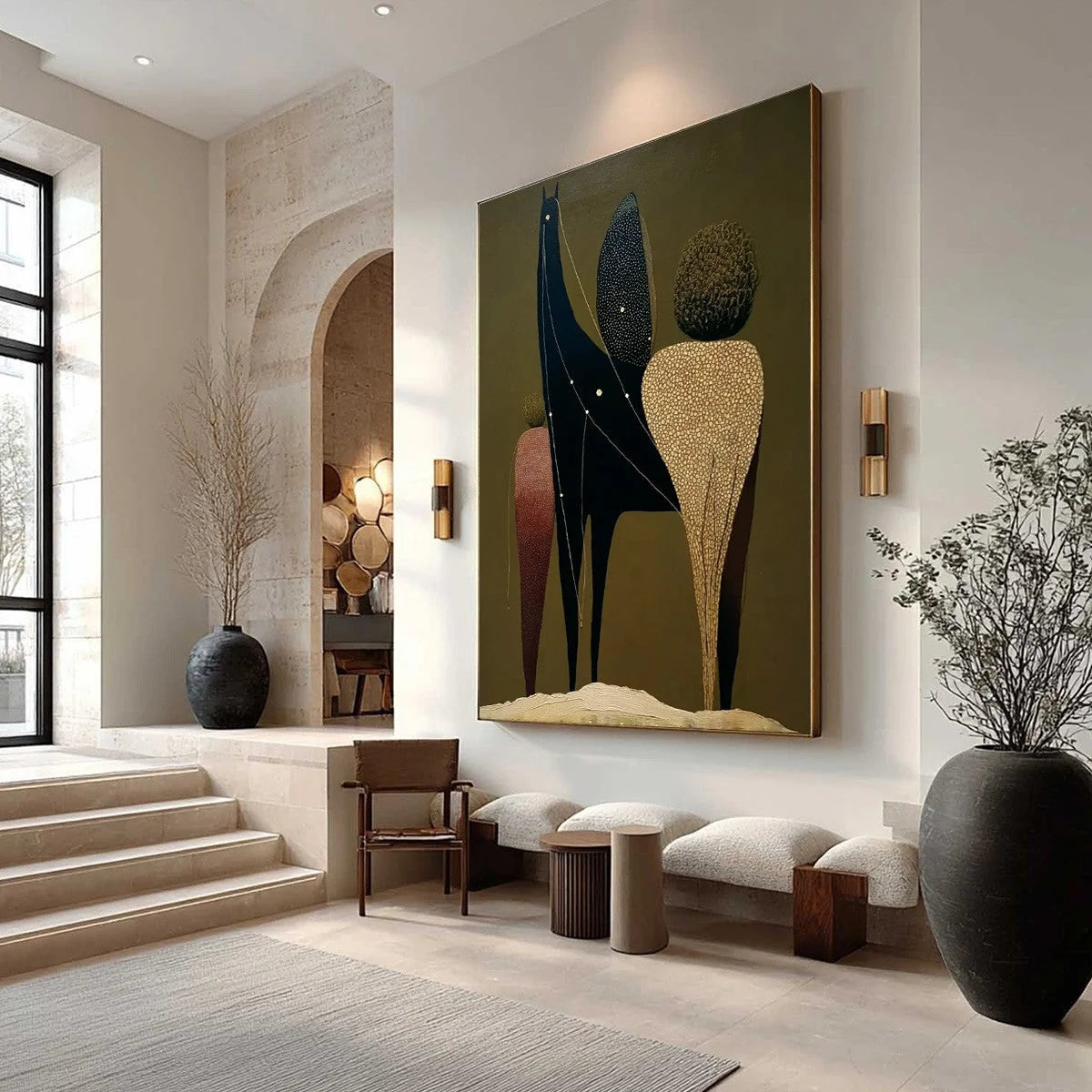 CELESTIAL CARAVAN: Abstract Figurative Painting with Earthy Tones | Figurative mood, soft natural light studio shot