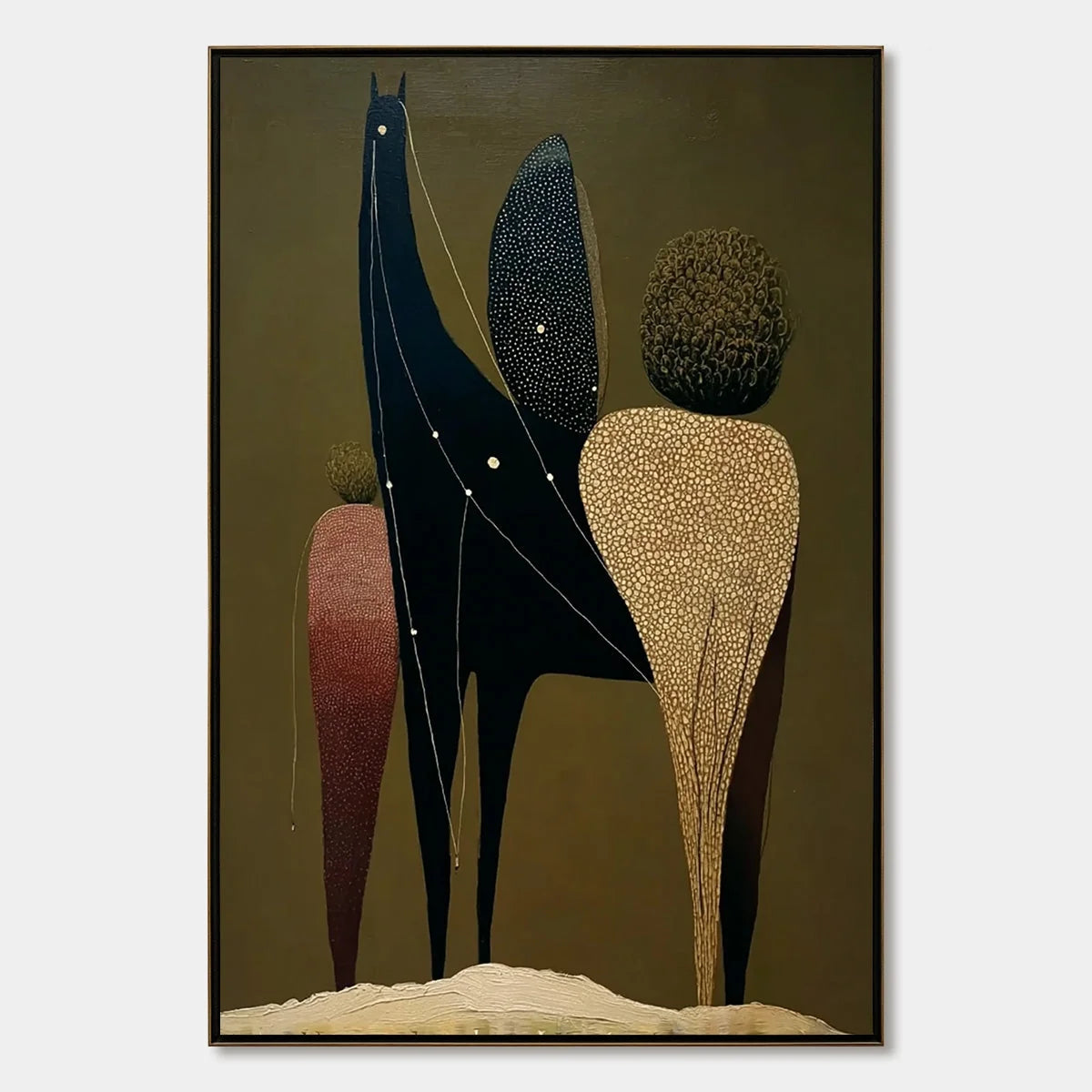 CELESTIAL CARAVAN: Abstract Figurative Painting with Earthy Tones | hanging in Abstract figurative oil painting with earthy ochre, terracotta, and gold tones; refined palette-knife work captures a ...