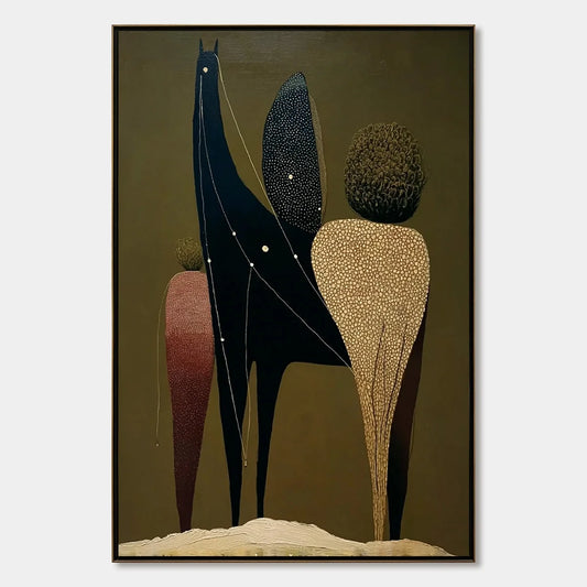 CELESTIAL CARAVAN: Abstract Figurative Painting with Earthy Tones | hanging in Abstract figurative oil painting with earthy ochre, terracotta, and gold tones; refined palette-knife work captures a ...