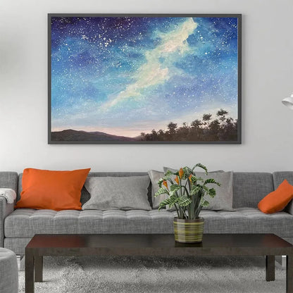 CELESTIAL DREAMSCAPE: Nightscape Painting, Starry Sky Wall Art, Panoramic Landscape, Horizontal Canvas | Abstract closeup, raised brushwork detail
