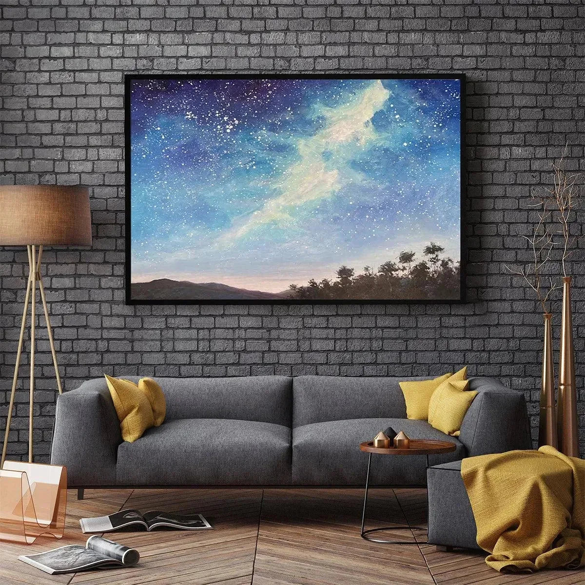 CELESTIAL DREAMSCAPE: Nightscape Painting, Starry Sky Wall Art, Panoramic Landscape, Horizontal Canvas | gold frame stretched on neutral wall
